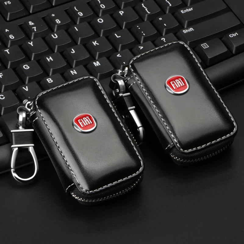 Capa de Chave Automotiva em Couro de Luxo com Zíper e Emblema Fiat