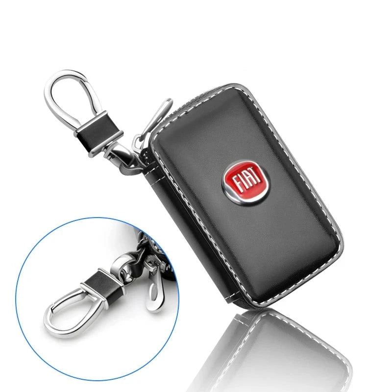 Capa de Chave Automotiva em Couro de Luxo com Zíper e Emblema Fiat