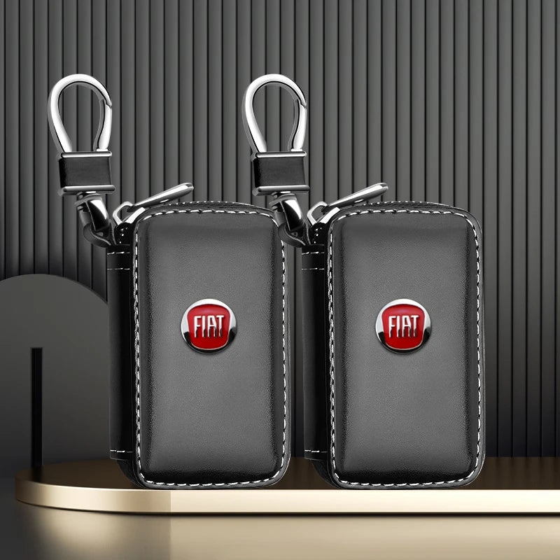 Capa de Chave Automotiva em Couro de Luxo com Zíper e Emblema Fiat